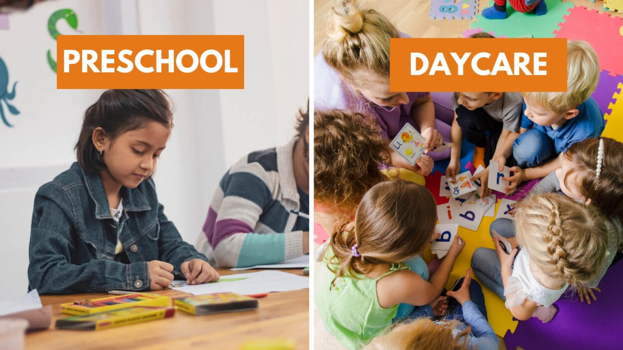 Child at desk in preschool versus children having group time at daycare