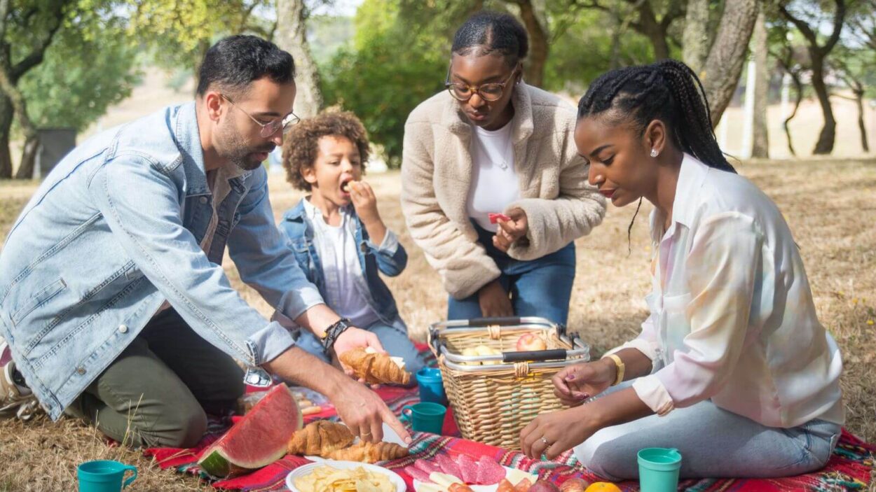 family of four having a picnic with delicious food