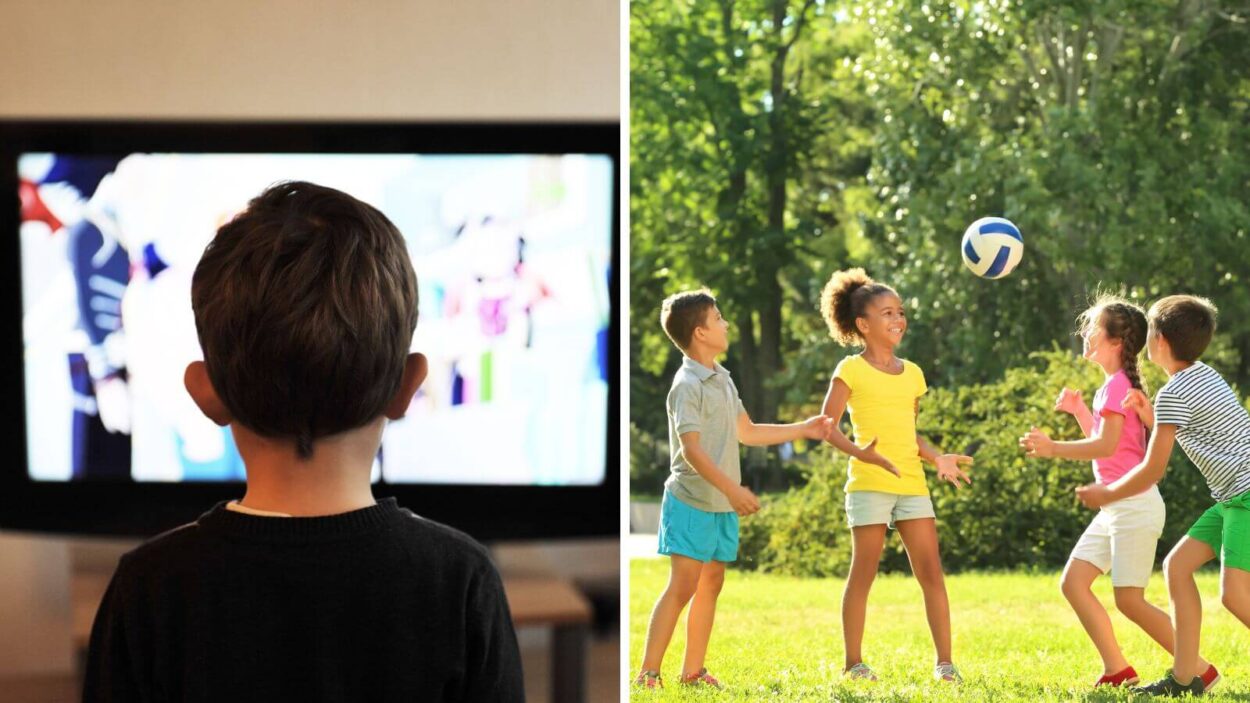 Child in front of a televsion compared to children playing outside