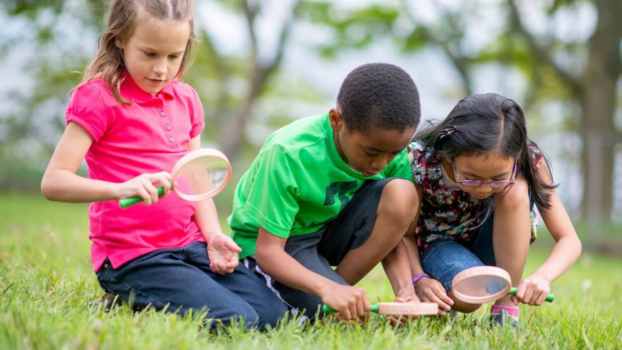 Children looking at grass with a magnifying glass