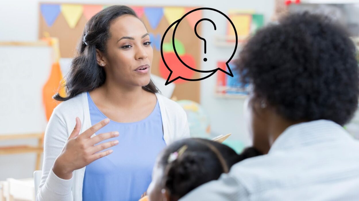 A daycare teacher and parent having a conversation