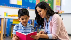 Teacher reading a book with a young child